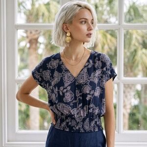 Maurices Navy Bandana Print V-Neck Smocked Hem Blouse Size Medium